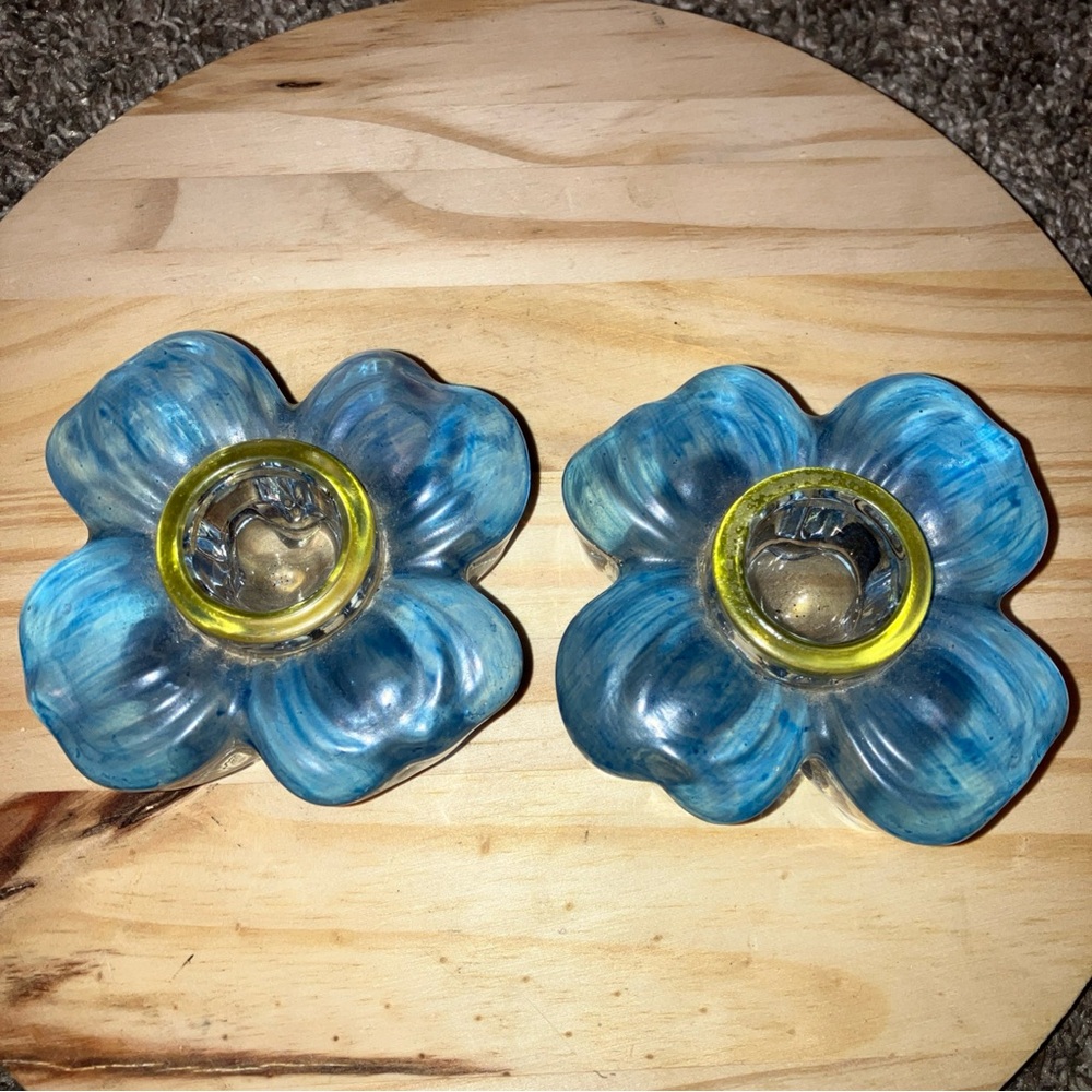 Vintage colony crystal Dogwood Elegant Blue & Yellow Glass Flower Candle Holders